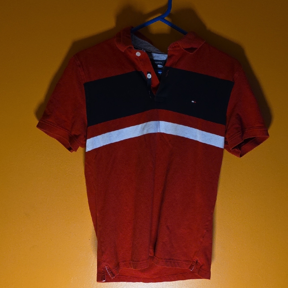 Tommy Hilfiger Men's Polo in Red with Black and White Stripes